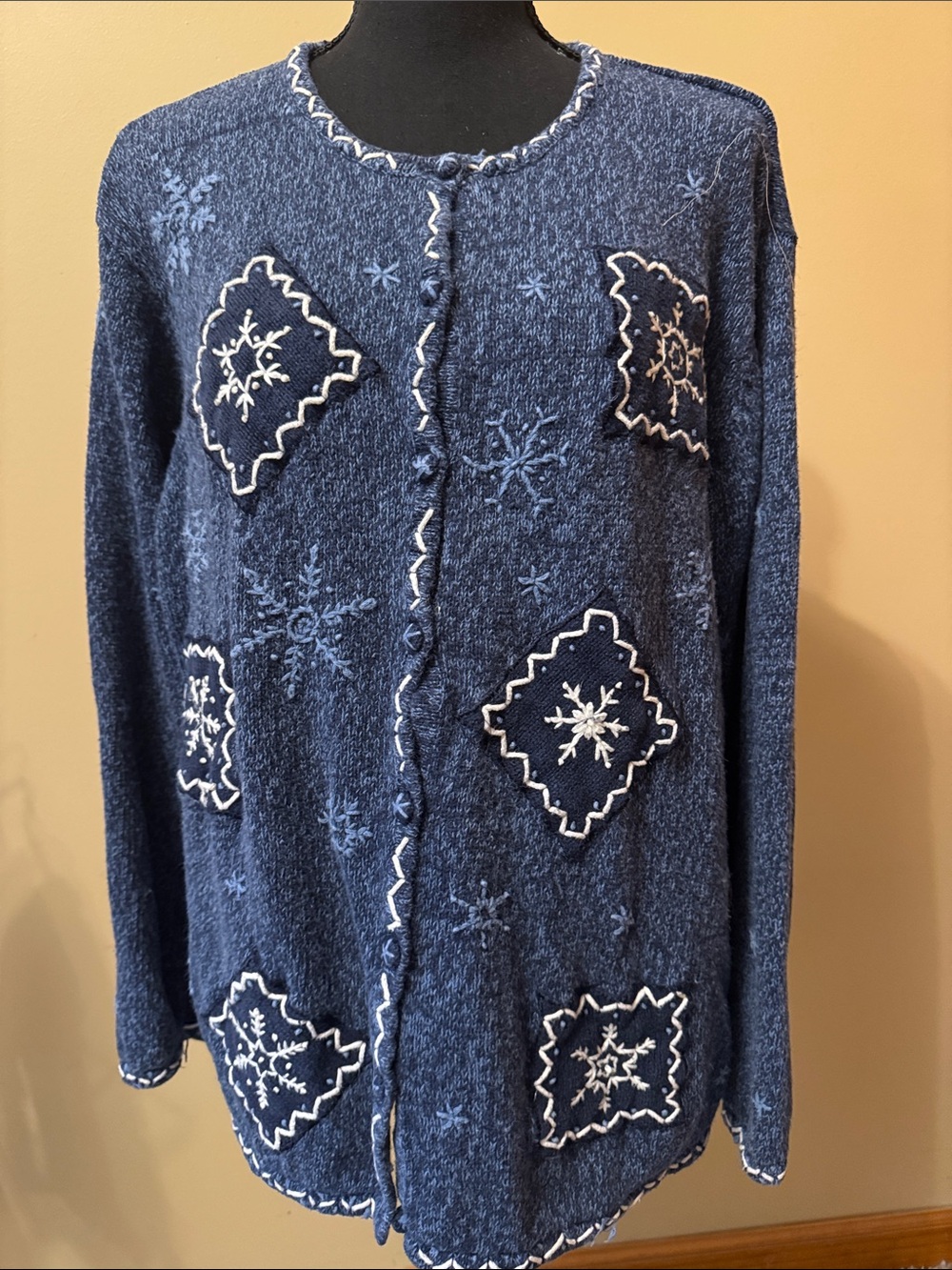 Erika Navy Blue Snowflake Patchwork Cardigan